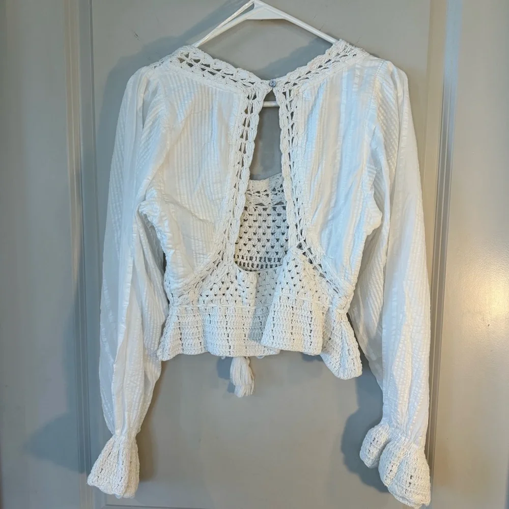 Free People White Megan Crochet Sheer Long Sleeve Boho Festival Crop Top, Small